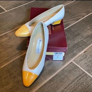 White and yellow block heels pump size 6